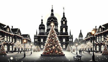 Christmas pictures. Decorate the Christmas tree in the city in front of the house inside the house to celebrate