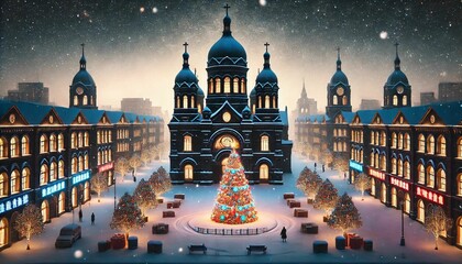 Fototapeta premium Christmas pictures. Decorate the Christmas tree in the city in front of the house inside the house to celebrate