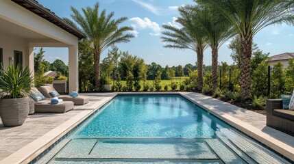 Tropical pool decoration with palm trees, modern furniture, and stylish poolside accessories