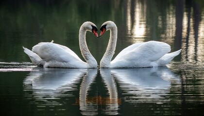 Fototapeta premium A pair of majestic swans forming a heart shape with their necks on a calm lake, their love mirrored in the tranquil waters, evoking a sense of romance and grace