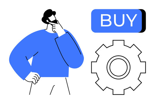 Thoughtful person holding chin considering buying options next to gear icon and prominent blue buy button. Ideal for e-commerce, decision making, online shopping, business strategy, user interface