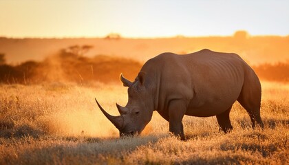 Obraz premium Majestic Rhino Grazing Under African Sunset, Dust Swirling in Golden Light – A Powerful Wildlife Moment