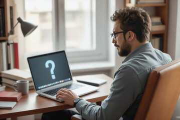 Fototapeta premium Bearded man wearing eyeglasses is working on the laptop displaying large question mark on the screen. Creative block concept