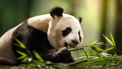 Obraz premium Giant Panda Eating Fresh Bamboo, Relaxed Pose in Lush Green Forest, Playful and Charming Expression, Adorable Wildlife Moment, Tranquil Panda Habitat, Nature’s Gentle Giant, Cute Animal Bliss