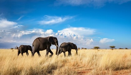 Elephants Walking Through Savanna at Sunset, Peaceful Family of Giants, Grassy Plains at Golden Hour, Gentle Wildlife Beauty, Majestic Elephants in Wild Nature, African Savanna Scene