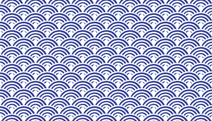 Naklejka premium Seamless Hand-painted seigaiha Japanese wave pattern in indigo blue on a white background. Ideal for use in textile printing, wallpapers, digital designs, stationery, branding, and packaging projects