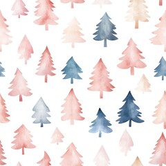 A whimsical pattern of watercolor trees in soft pink, blue, and white, creating a serene and artistic backdrop.