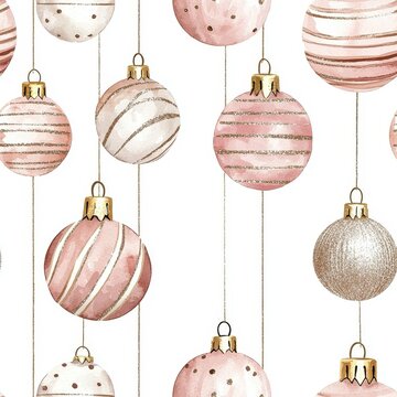 A collection of elegant, pink and silver Christmas ornaments hanging against a white background, perfect for festive decor.