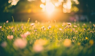 Fototapeta premium Springtime Flowers Bloom in Lush Green Grass Under a Golden Sunset