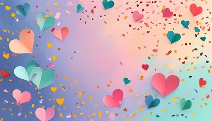 Colorful heart confetti celebration party venue digital art cheerful atmosphere aerial view love and joy concept