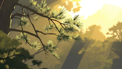 Sunlight Filtering Through Pine Tree Branches in a Forest