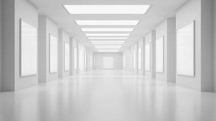 Fototapeta premium Modern White Corridor: Empty Frames, Clean Design, Minimalist Architecture, Bright Lighting, Geometric Shapes, Spacious Interior, Smooth Walls, Reflective Floor, 