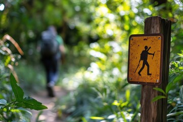A hiker walks along a trail in a lush forest, with a sign indicating the trail ahead.