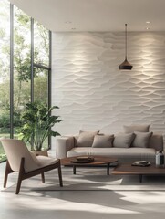 Modern living room features neutral tones and textured wall