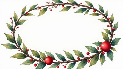 Fototapeta premium Christmas Festive oval wreath of mistletoe branches adorned with red ornaments, berries, and warm string lights on white background. Holiday Xmas seasonal decor with copy space.