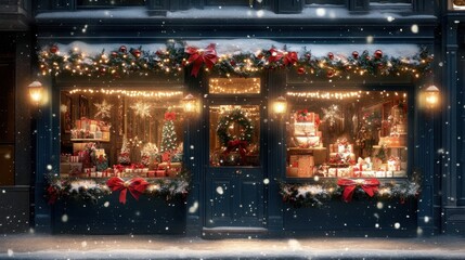 Obraz premium A festive window display featuring glowing Christmas lights, decorated garlands, and a backdrop of softly falling snow.