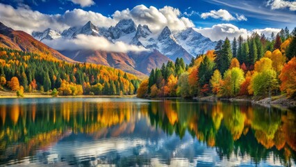 Majestic Autumn Reflections in Svaneti: Snow-Capped Peaks and Serene Forest Lake