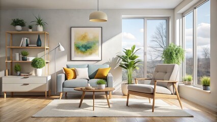 Fototapeta premium Minimalist Scandinavian Living Room with Neutral Tones and Abstract Art for a Modern Home Aesthetic