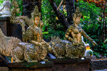 Natural background of ancient sculptures of religious tourist attractions, Naga statues, old churches by the natural waterfall from the high mountain, Wat Phalat, the way up to Doi Suthep, Chiang Mai