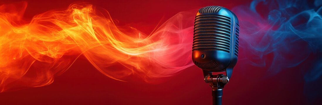 Modern Retro Microphone with Vibrant Waveform on Bold Red Background for Broadcasting