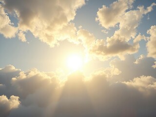 A brilliant sun peeks out from behind a veil of puffy white clouds casting an ethereal glow over the surrounding environment, gentle atmosphere, nature scenes