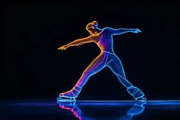 Obraz premium Neon silhouette of figure ice skating in the moonlight isolated on black background.