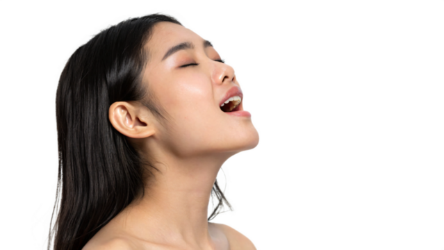 Portrait of a woman, a captivating gaze, and an orgasm expression