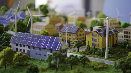 vibrant model of sustainable city featuring solar panels and wind turbines