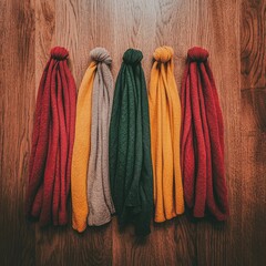 Five neatly arranged scarves in various colors on a wooden surface.