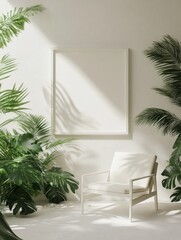 Fototapeta premium Minimalist White Room Tropical Plants Frame Chair
