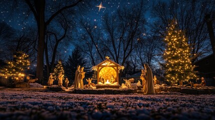 A glowing nativity scene displayed outdoors under a starlit sky, surrounded by snowy trees and festive lights