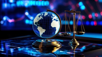 Fototapeta premium Global Justice Scales of Justice and Illuminated Globe on Digital Background