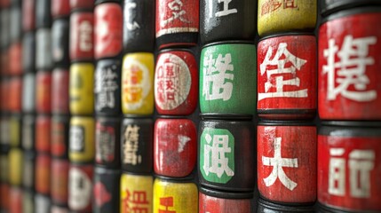 Abstract Colorful Chinese Characters on Vintage Cylinders - Asian Culture Background
