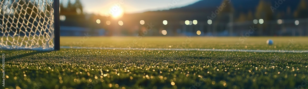 Poster a serene sunset view of a soccer field with a goalpost and a distant ball.