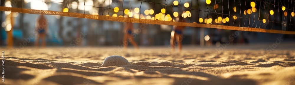 Poster A beach volleyball scene with a ball resting on sand and players in the background.