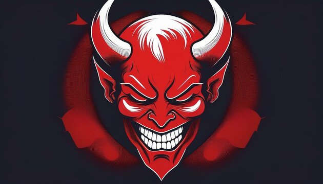 red devil head vector. stylized depiction of a devil&rsquo;s head, characterized by prominent horns and a menacing grin.