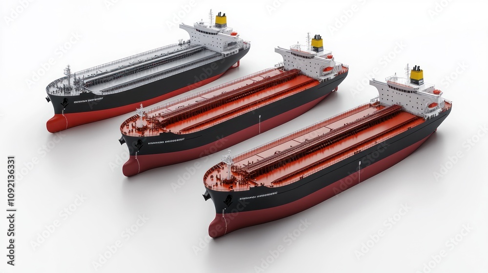 Poster Three large cargo ships displayed in a 3D rendering, showcasing their design and structure.