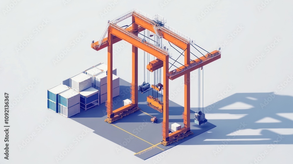 Poster A modern gantry crane with shipping containers, designed for loading and unloading cargo.