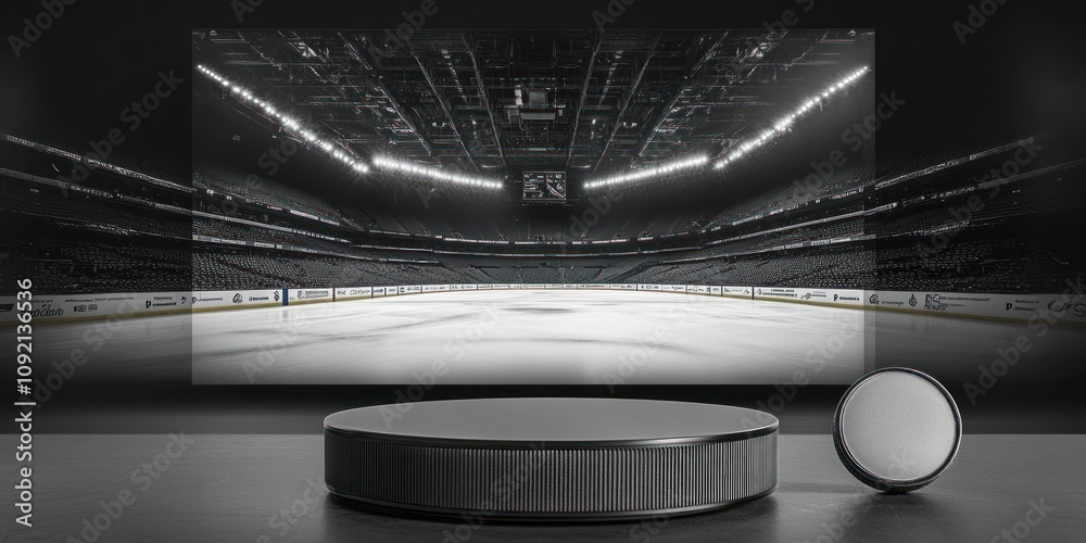 Poster a modern display of an ice hockey rink with a sleek design and puck for sports enjoyment.