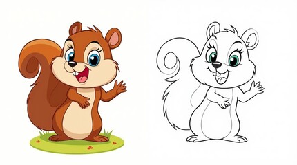 Naklejka premium Adorable Cartoon Squirrel Character in Color and Outline Versions