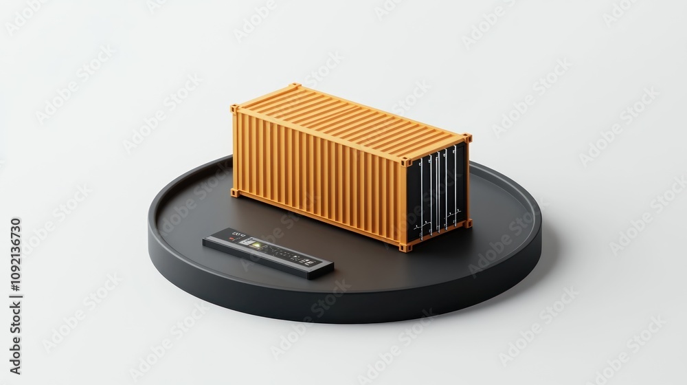 Poster A 3D model of an orange shipping container on a display stand with a remote control.