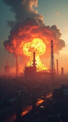 Fototapeta premium Dramatic Explosion at Industrial Plant During Sunset