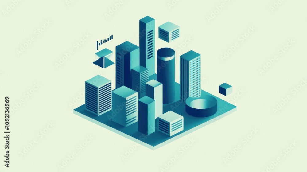 Poster a stylized cityscape featuring various building shapes and sizes in a minimalist design.