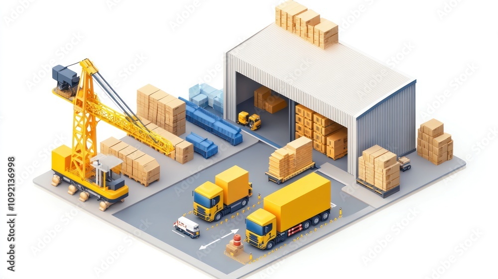 Poster a 3d illustration of a warehouse with trucks and a crane for loading and unloading goods.