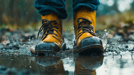 Yellow boots splashing through a muddy puddle, capturing outdoor adventure and fun