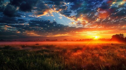 Fototapeta premium Stunning sunset over a misty field, showcasing vibrant colors and dramatic clouds.