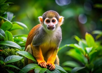 Obraz premium Captivating Tilt-Shift Photography of a Squirrel Monkey with Vibrant Orange Fur Relaxing Among Jungle Trees in a Lush Tropical Environment