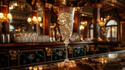 Obraz premium Ornate champagne flute on bar counter in luxurious setting.
