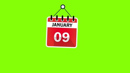 January 09 Calendar Sign on green screen background, chroma key. Calendar Pendulu Animation - January 09. 4k graphic motion
