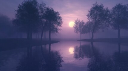 A misty sunrise casts an ethereal glow over a tranquil lake, the setting sun reflecting in the water, illuminating the silhouette of trees on the shore.